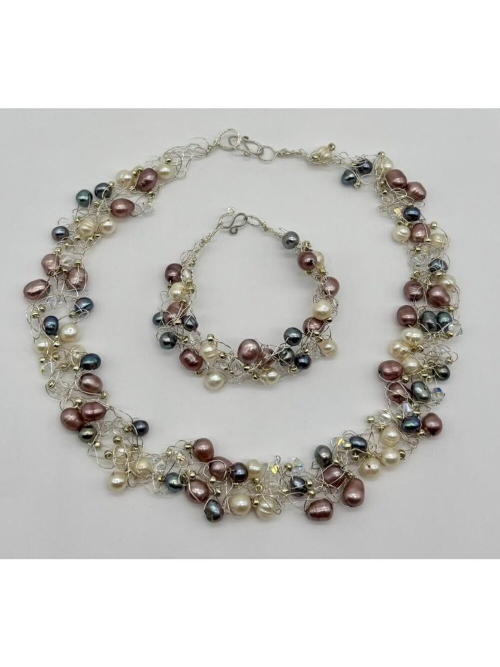 Artisan-Made Collar and Bracelet Set .999 Fine Silver Freshwater Pearls Crystals - Picture 4 of 15